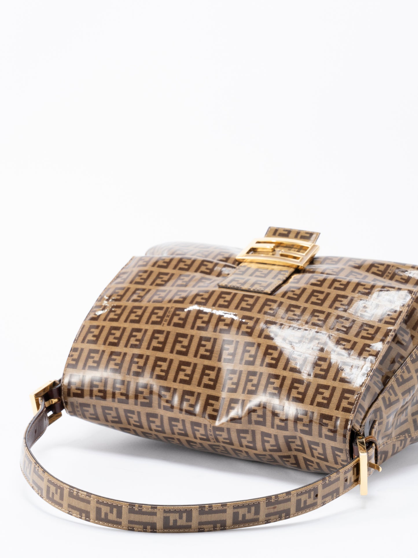 フェンディ ズッキーノ マンマバケット ショルダーバッグ コーティングキャンバス ブラウン ゴールド金具