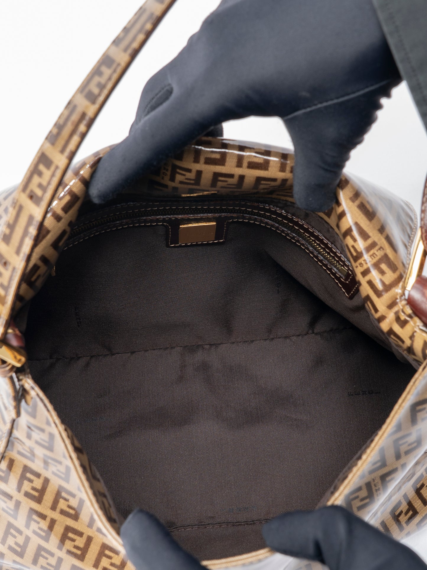 フェンディ ズッキーノ マンマバケット ショルダーバッグ コーティングキャンバス ブラウン ゴールド金具