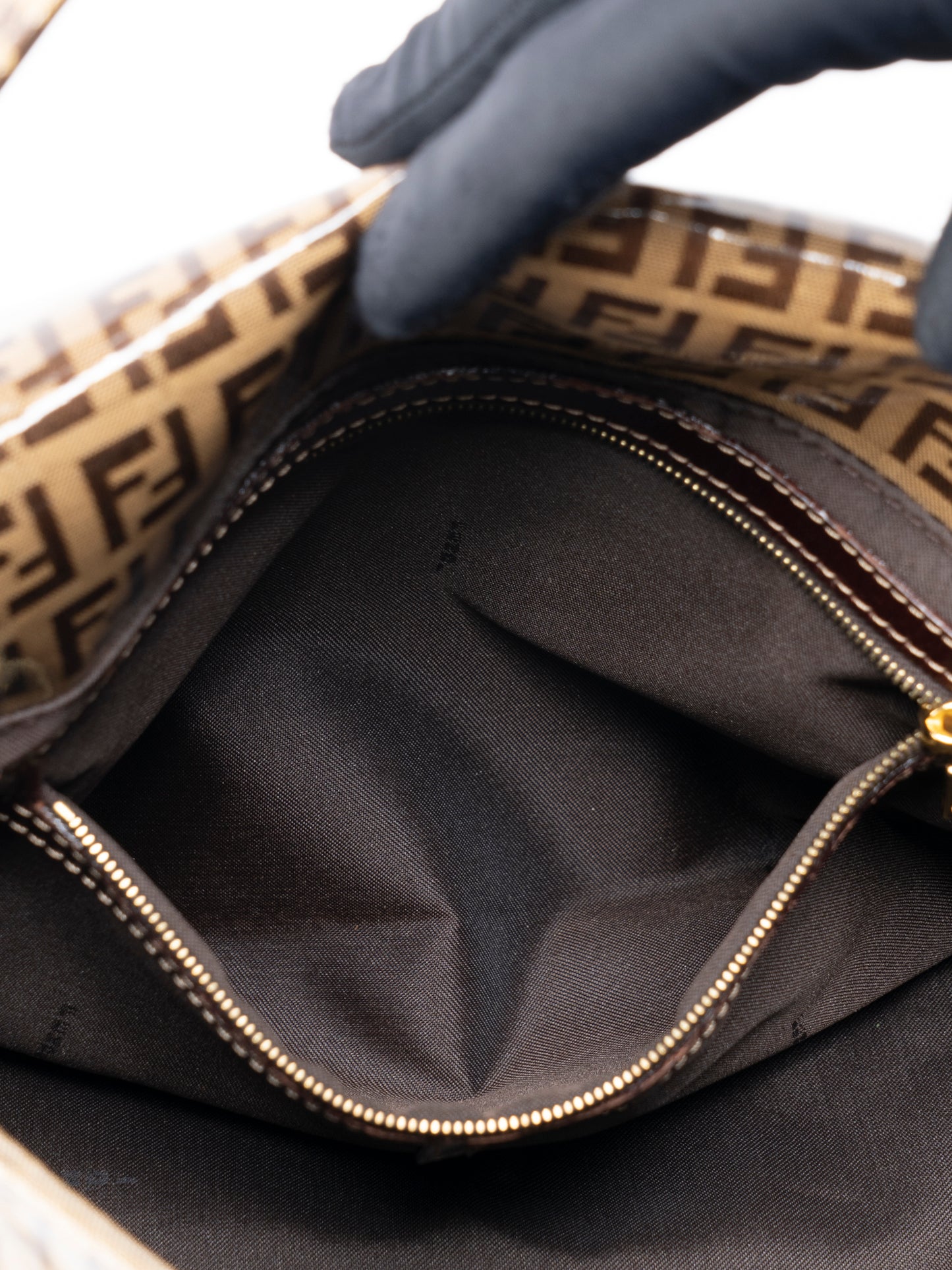 フェンディ ズッキーノ マンマバケット ショルダーバッグ コーティングキャンバス ブラウン ゴールド金具