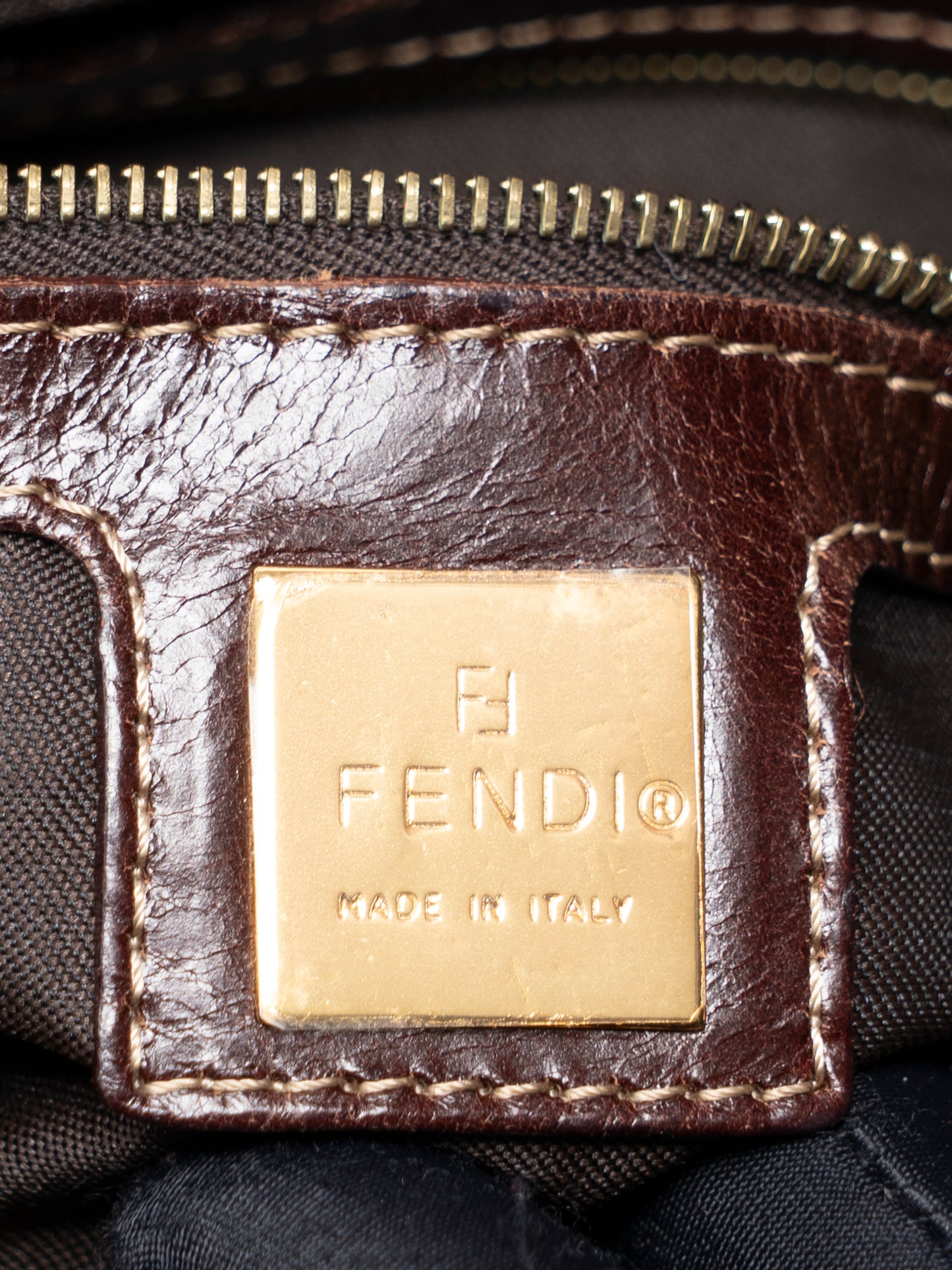 フェンディ ズッキーノ マンマバケット ショルダーバッグ コーティングキャンバス ブラウン ゴールド金具