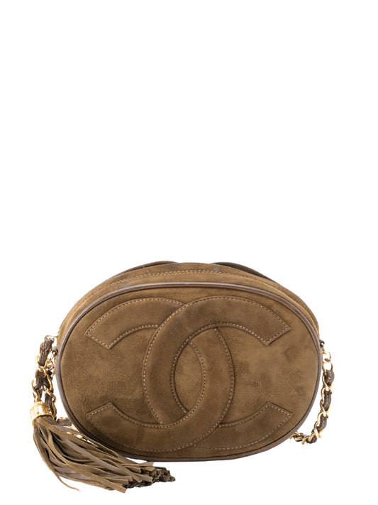 シャネル デカココ チェーンショルダーバッグ スエード カーキ ゴールド金具