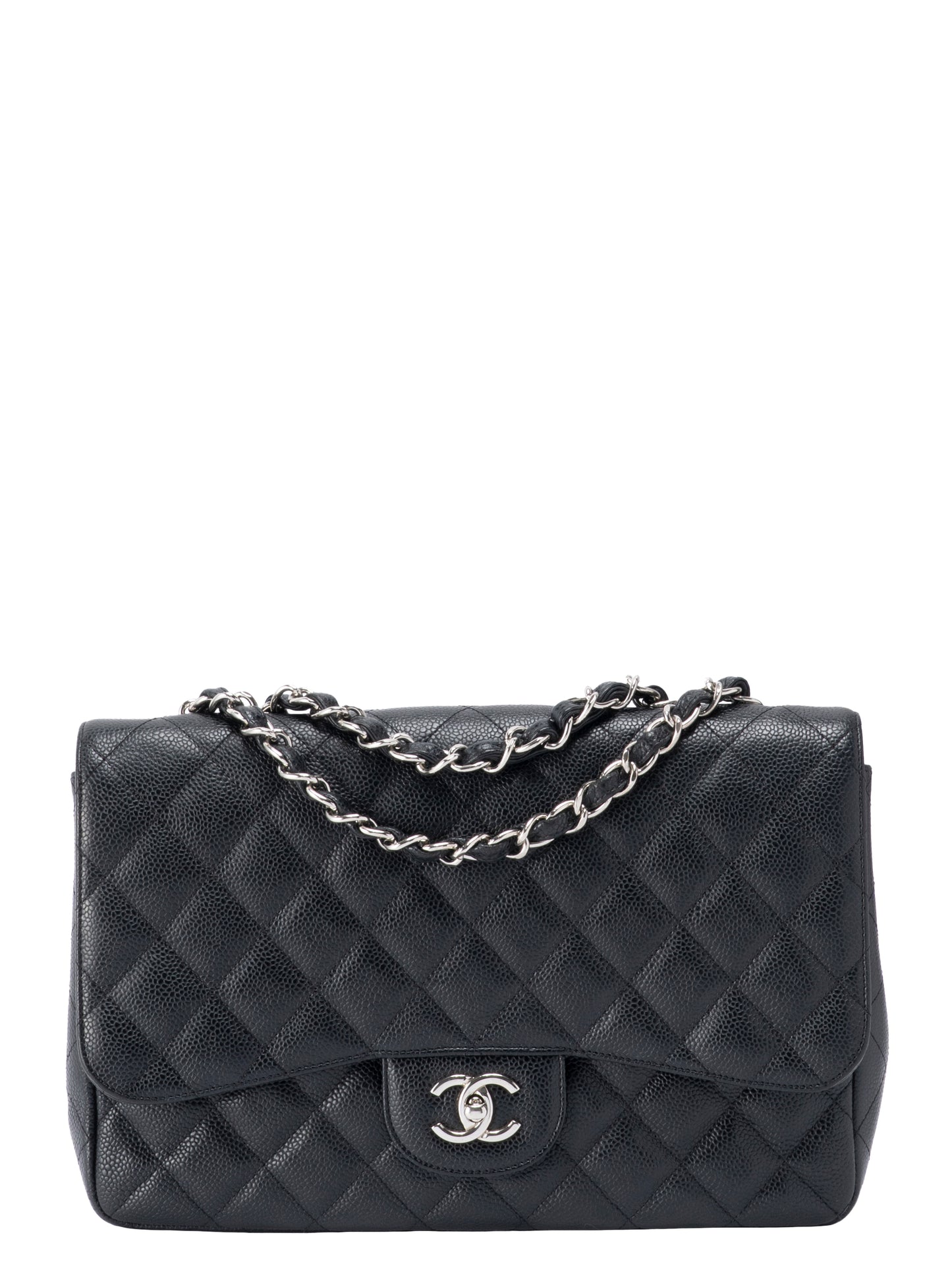 シャネル デカマトラッセ30 チェーンショルダーバッグ キャビアスキン ブラック シルバー金具