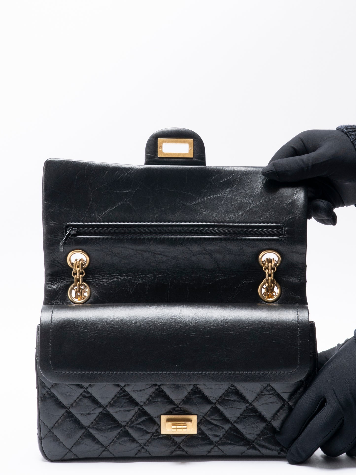 シャネル Wフラップ 2.55 チェーンショルダーバッグ カーフスキン ブラック ゴールド金具