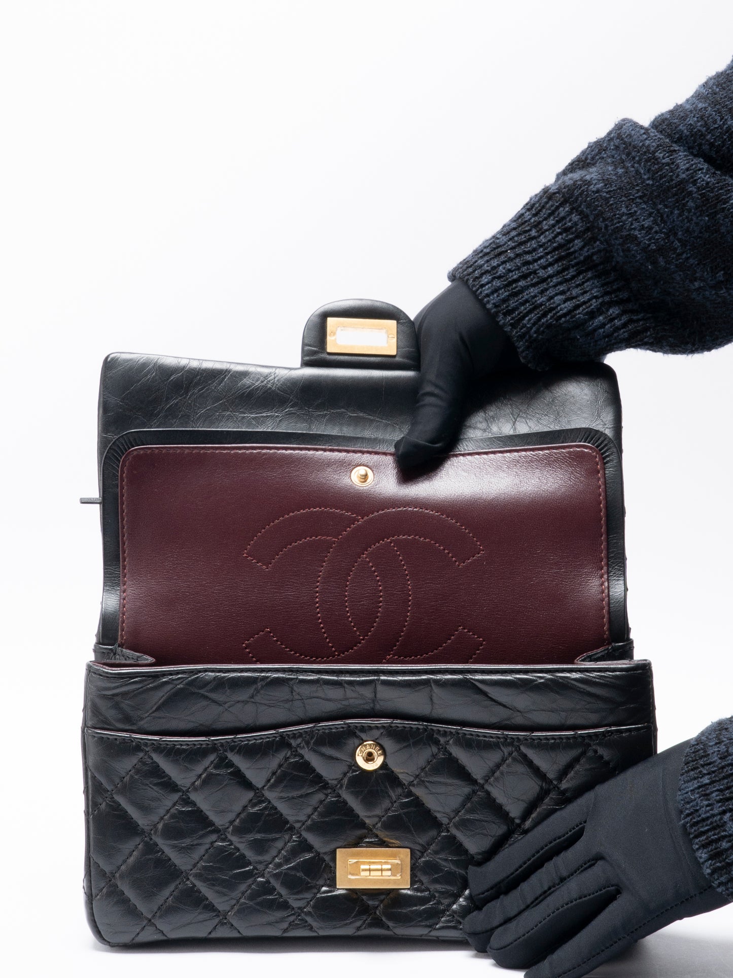 シャネル Wフラップ 2.55 チェーンショルダーバッグ カーフスキン ブラック ゴールド金具