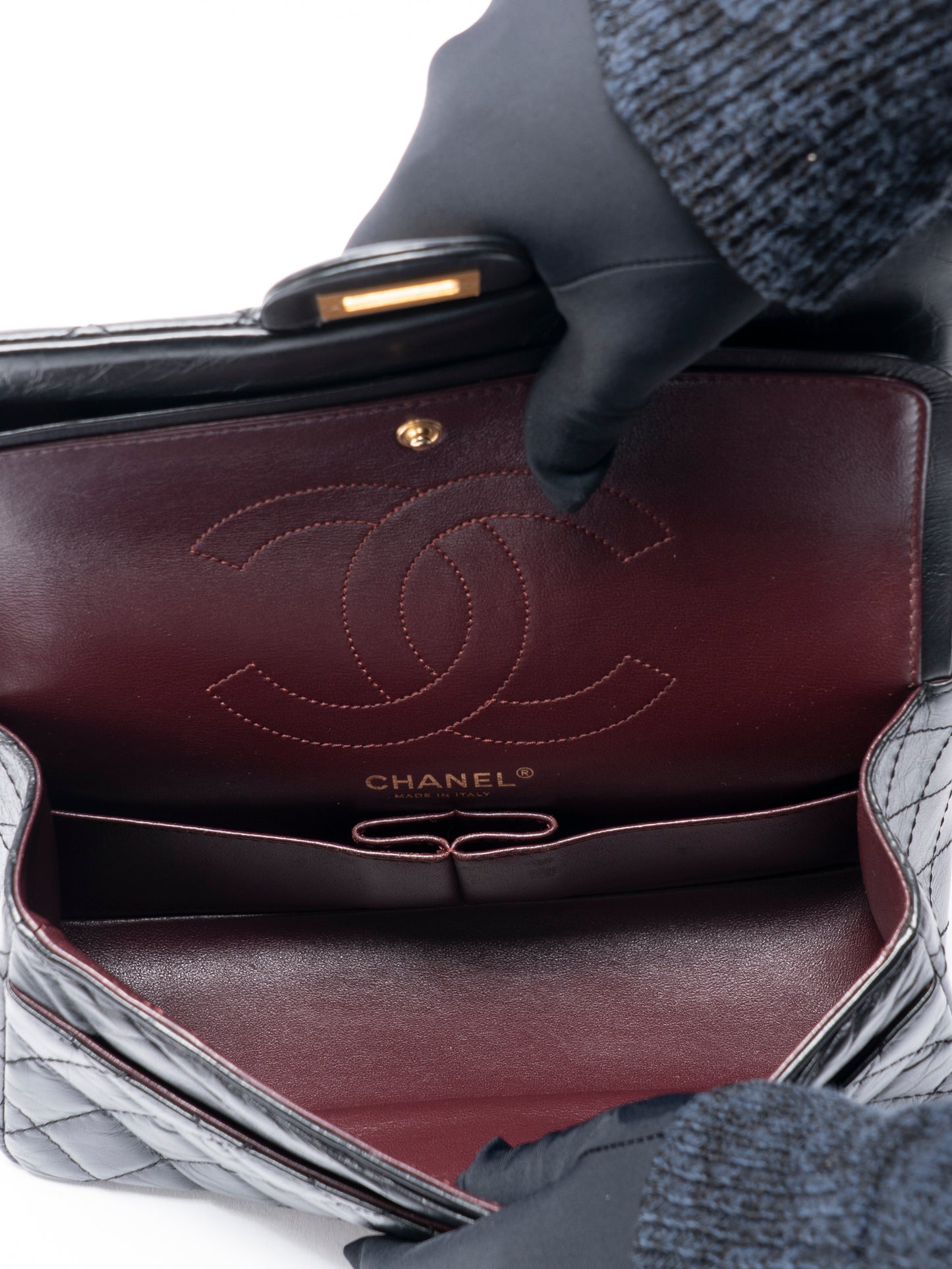 シャネル Wフラップ 2.55 チェーンショルダーバッグ カーフスキン ブラック ゴールド金具