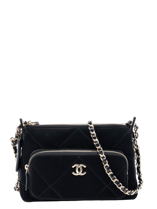 シャネル ココネージュ 星ミラーチャーム付 チェーンクラッチバッグ ベルベット×ナイロン シリアルプレート ブラック ゴールド金具 新品