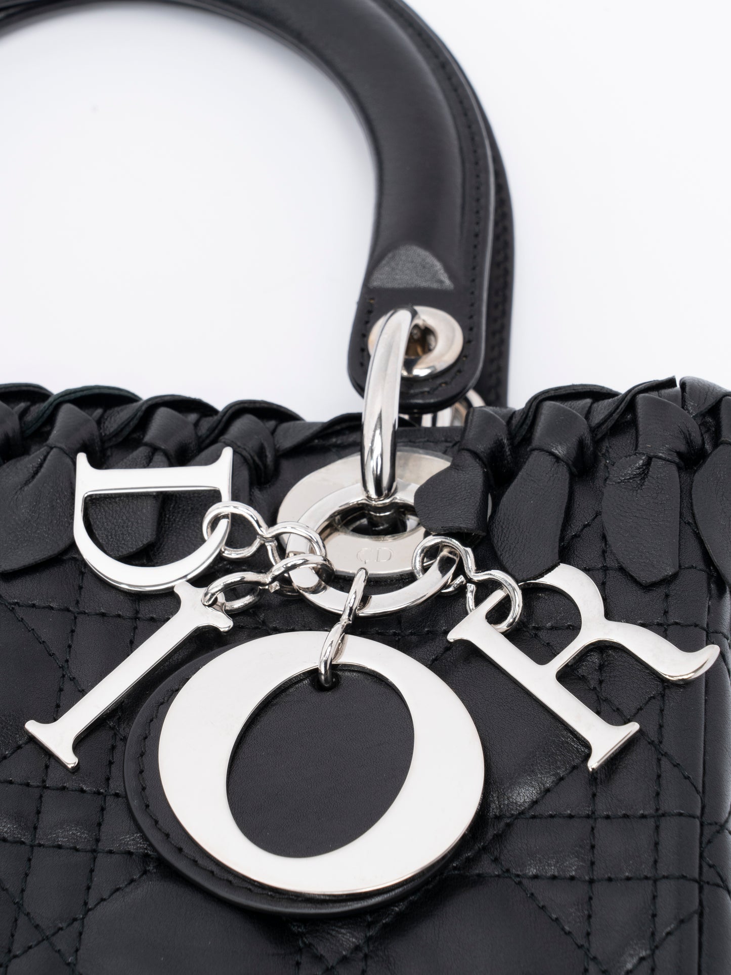 ディオール レディディオール カナージュ ミディアム ハンドバッグ レザー ブラック シルバー金具