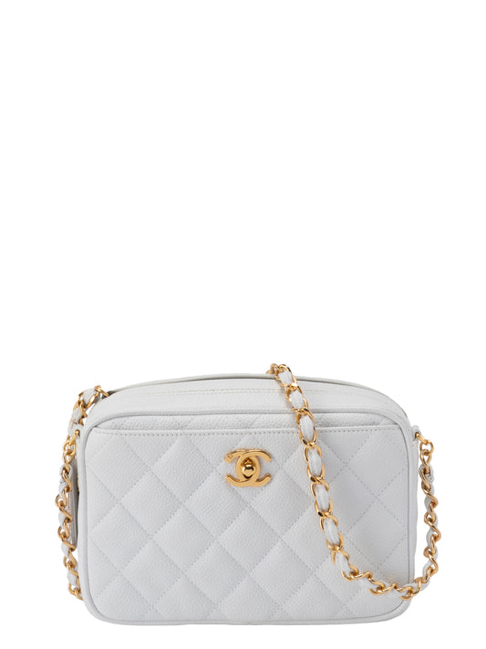 シャネル マトラッセ ターンロック チェーンカメラバッグ キャビアスキン ホワイト ゴールド金具