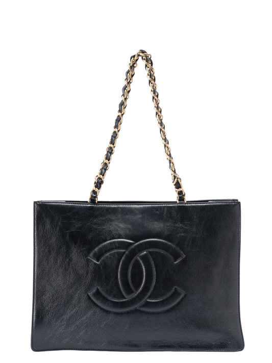 シャネル デカココ チェーントートバッグ エンボスカーフスキン ブラック ゴールド金具