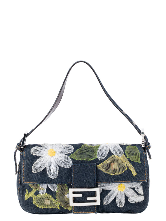 フェンディ マンマバケット 刺繍ショルダーバッグ デニム ネイビー シルバー金具