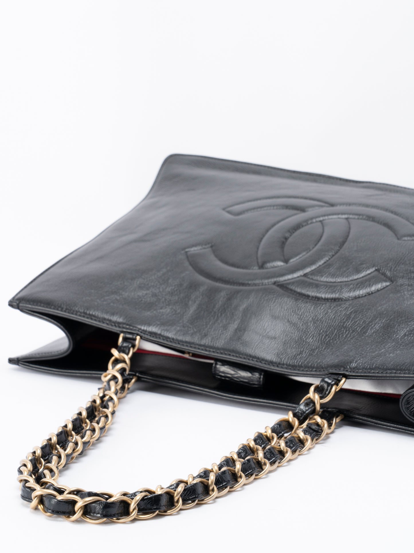 シャネル デカココ チェーントートバッグ エンボスカーフスキン ブラック ゴールド金具