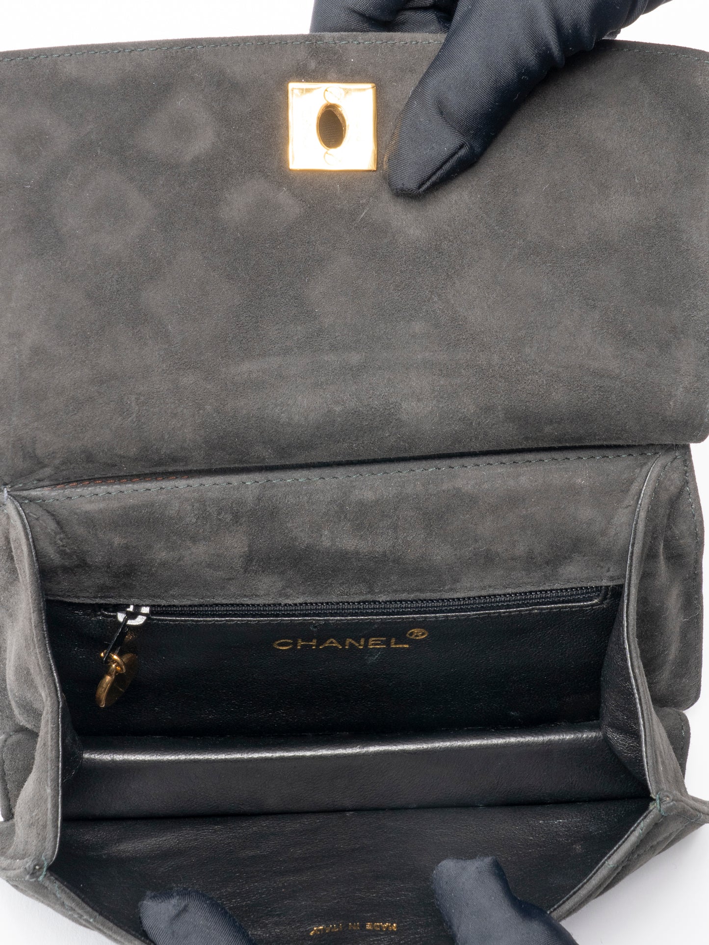 シャネル マトラッセ トップハンドルバッグ スエード グレー ゴールド金具