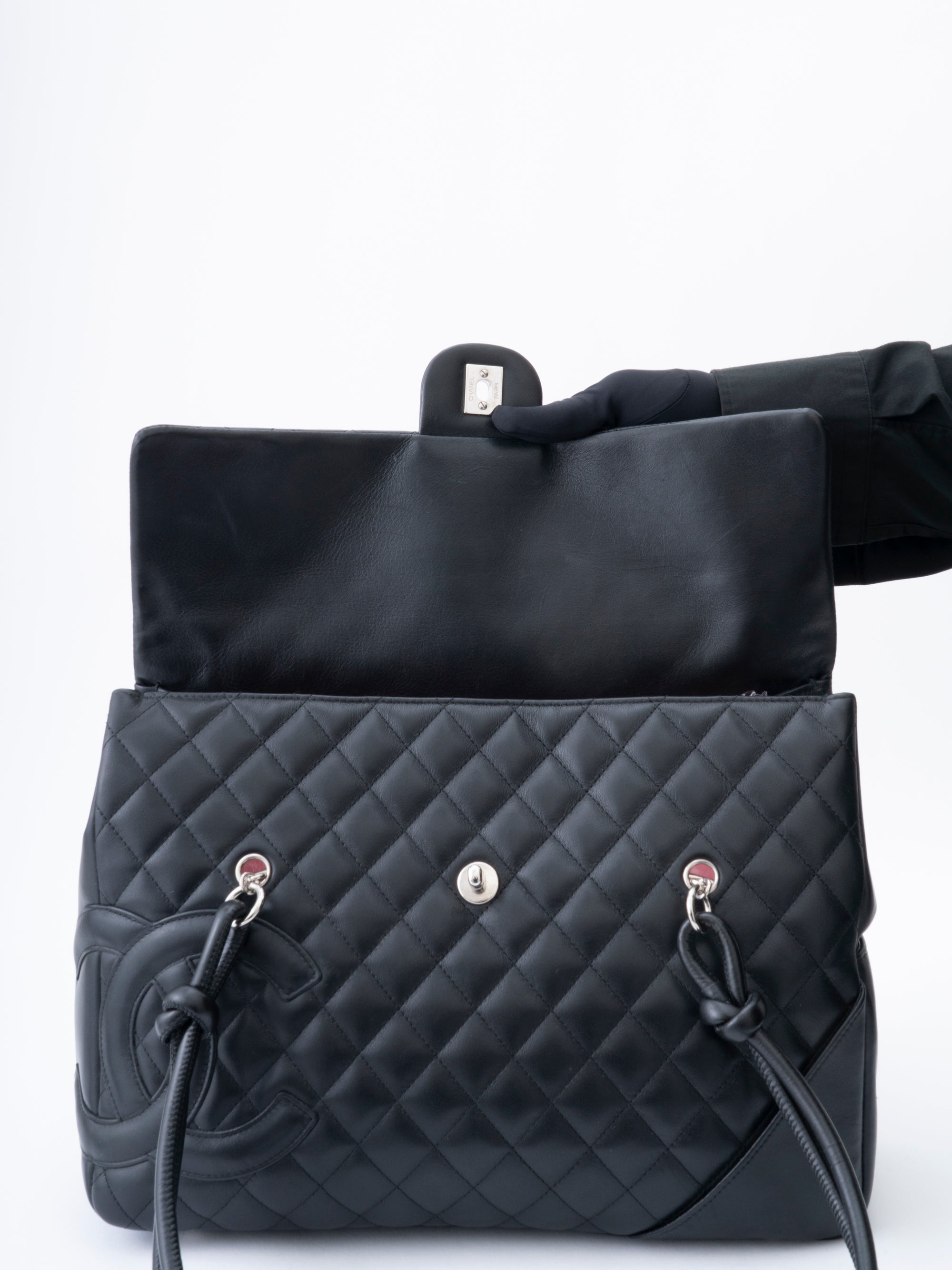シャネル カンボンライン ショルダーバッグ カーフスキン ブラック シルバー金具