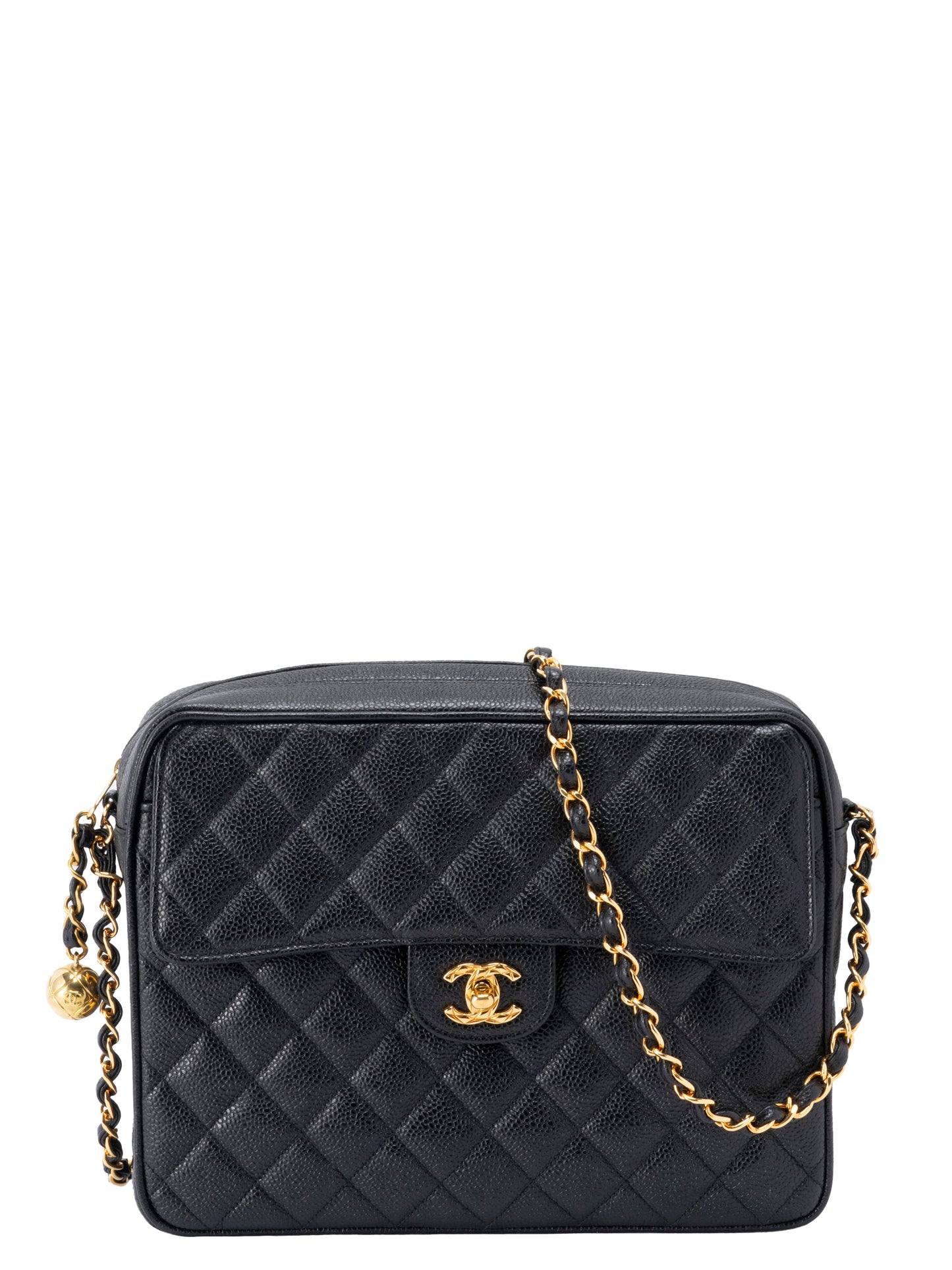 シャネル マトラッセ ターンロック チェーンカメラバッグ キャビアスキン ブラック ゴールド金具