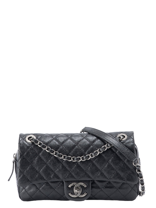 シャネル マトラッセ フラップ チェーンショルダーバッグ キャビアスキン ブラック アンティークシルバー金具