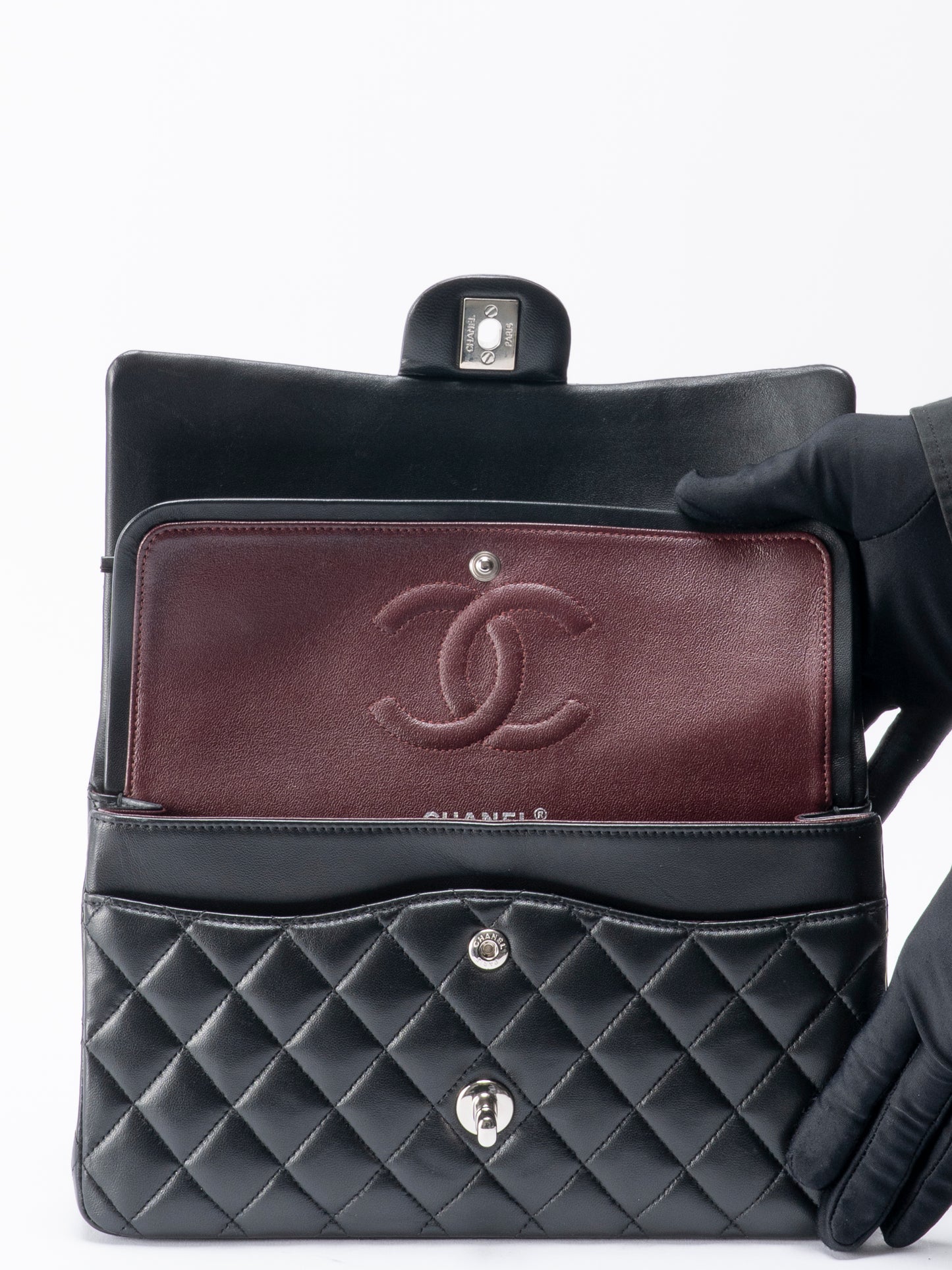 シャネル Wフラップ マトラッセ25 チェーンショルダー バッグ ラムスキン ブラック シルバー金具