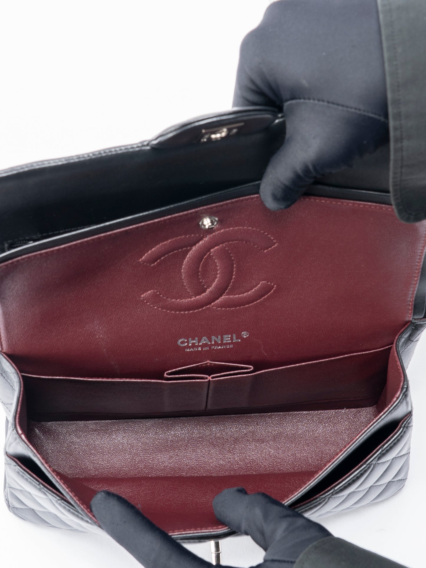 シャネル Wフラップ マトラッセ25 チェーンショルダー バッグ ラムスキン ブラック シルバー金具