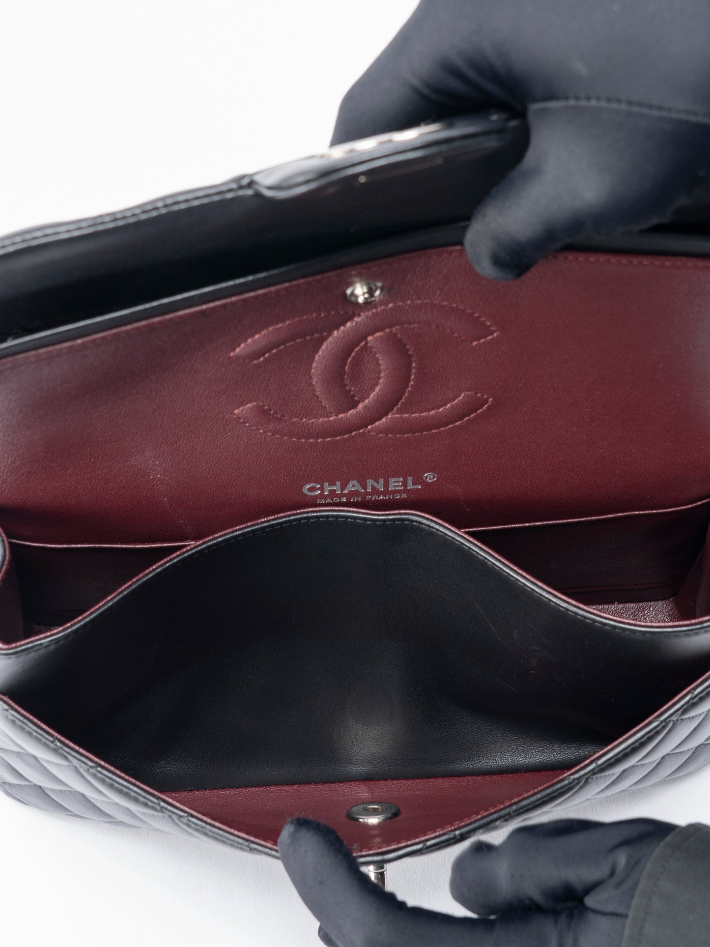 シャネル Wフラップ マトラッセ25 チェーンショルダー バッグ ラムスキン ブラック シルバー金具