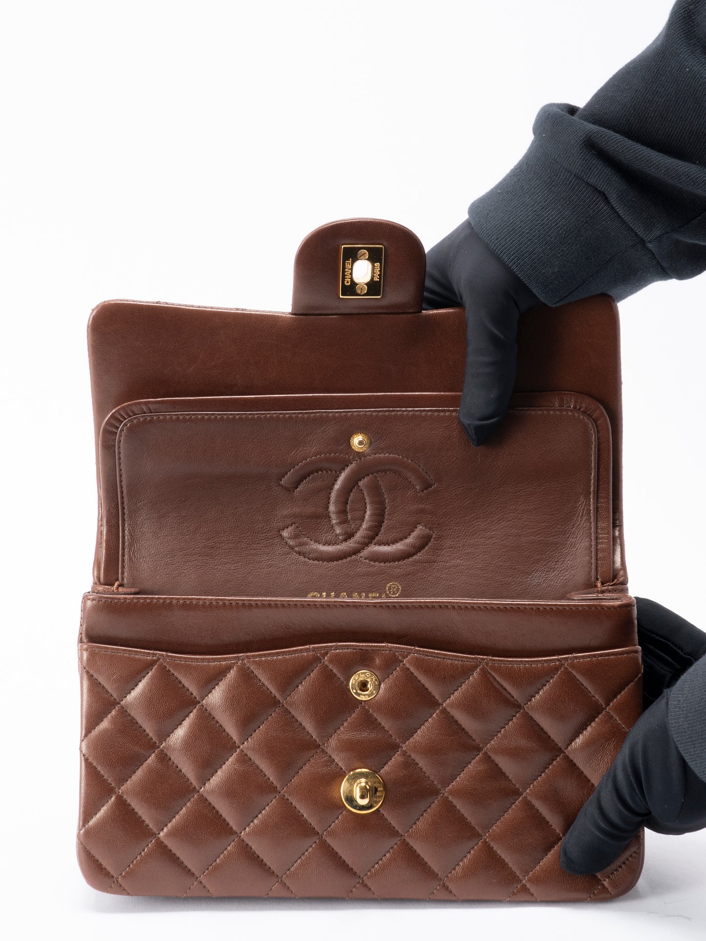 シャネル Wフラップ マトラッセ23 ショルダーチェーンバッグ ラムスキン ブラウン ゴールド金具