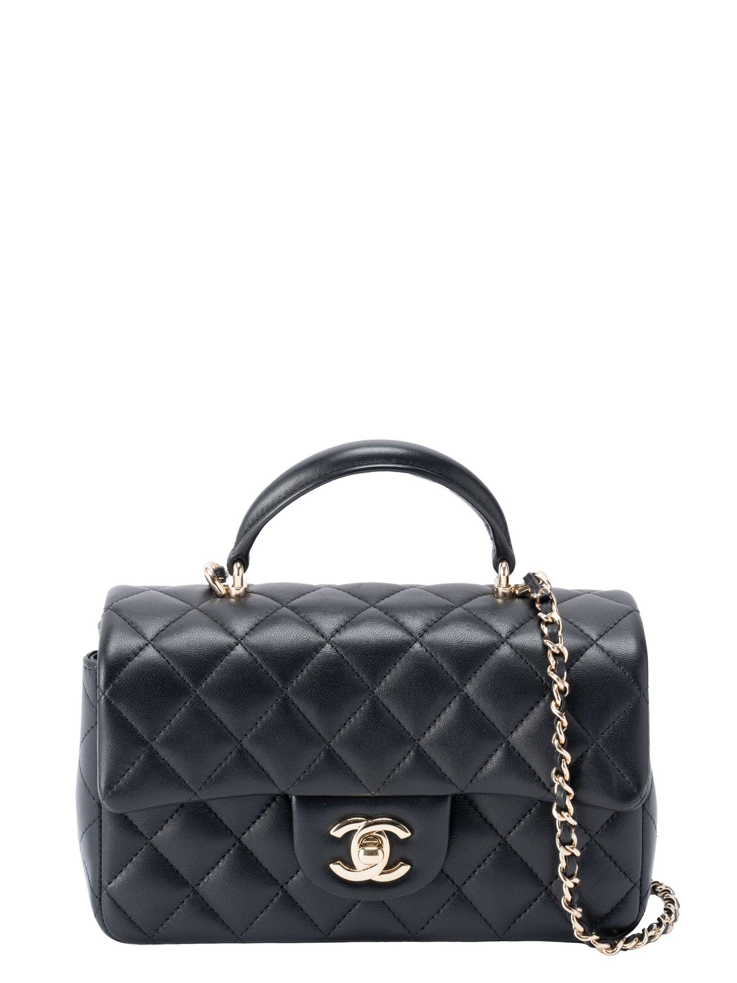 シャネル トップハンドル ミニフラップ シリアルプレート 2WAYショルダーバッグ ラムスキン ブラック ゴールド金具