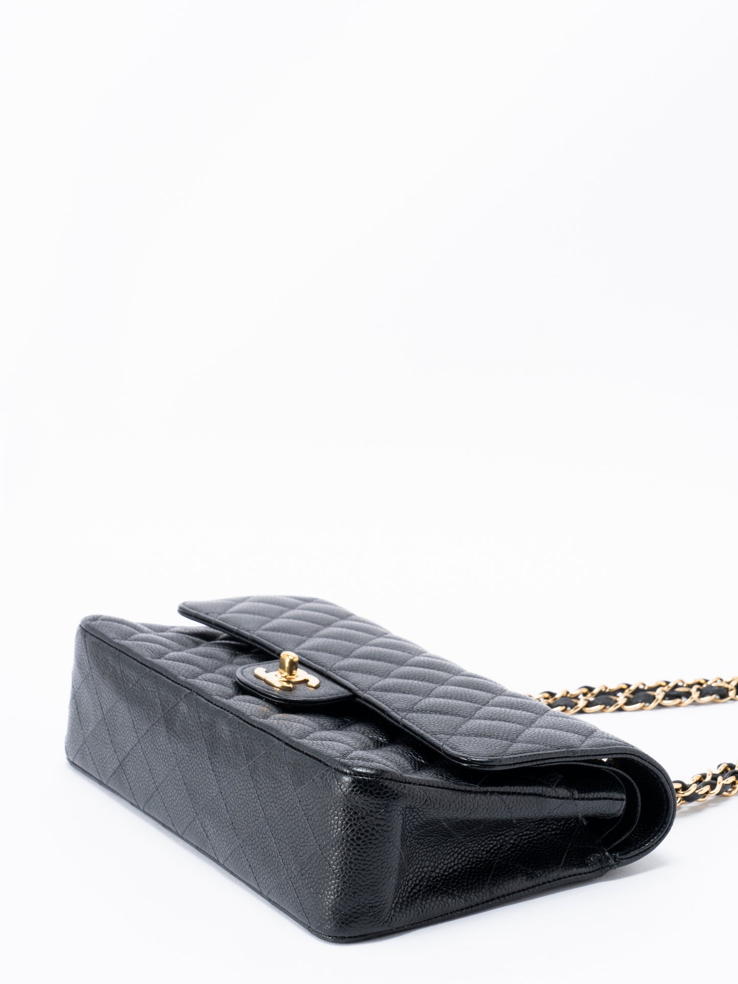 シャネル Wフラップ マトラッセ25 ショルダーチェーンバッグ キャビアスキン ブラック ゴールド金具