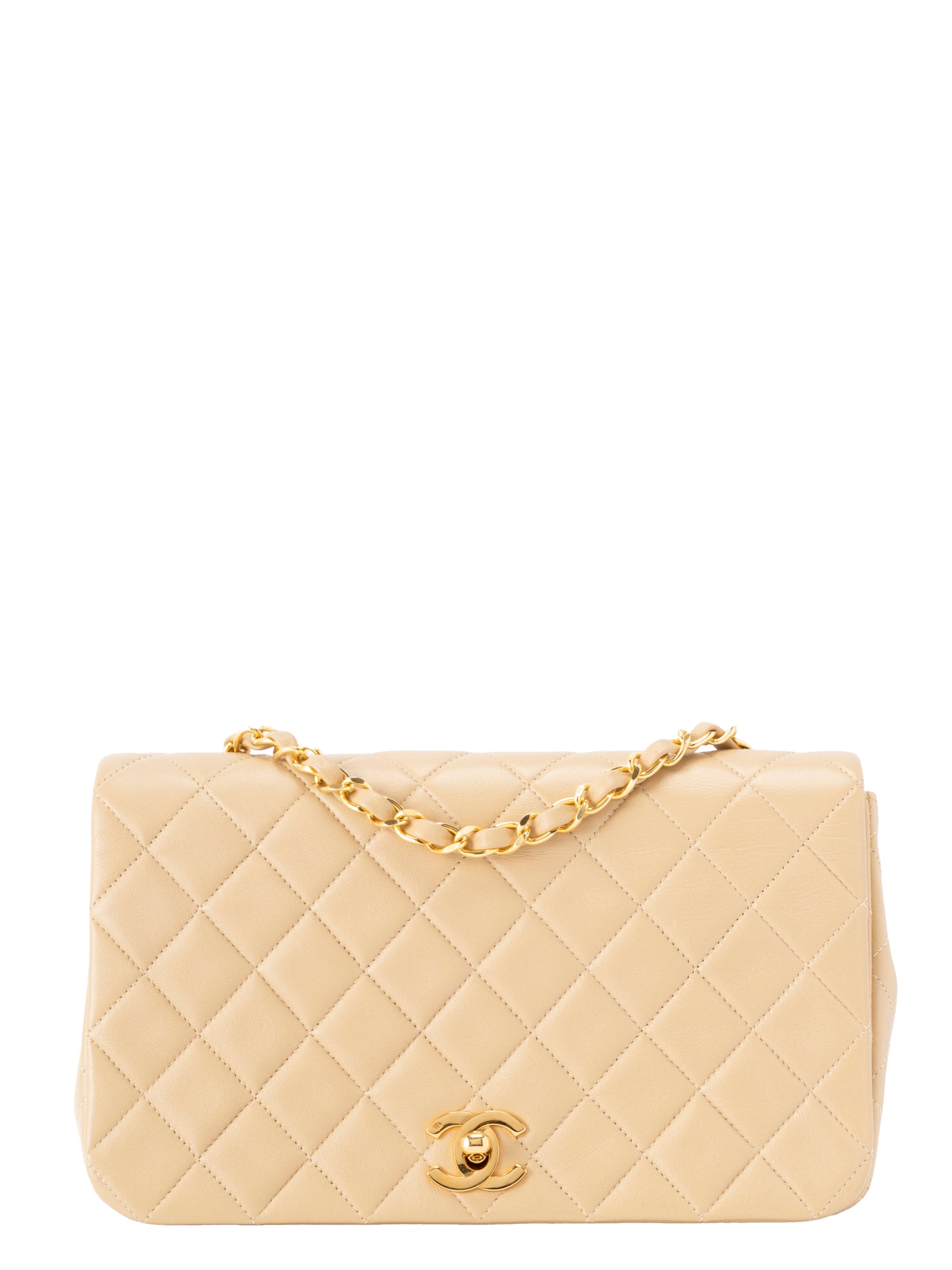 シャネル マトラッセ フルフラップ チェーンショルダーバッグ ラムスキン ベージュ ゴールド金具