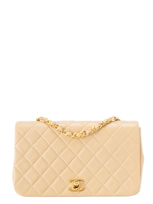 シャネル マトラッセ フルフラップ チェーンショルダーバッグ ラムスキン ベージュ ゴールド金具