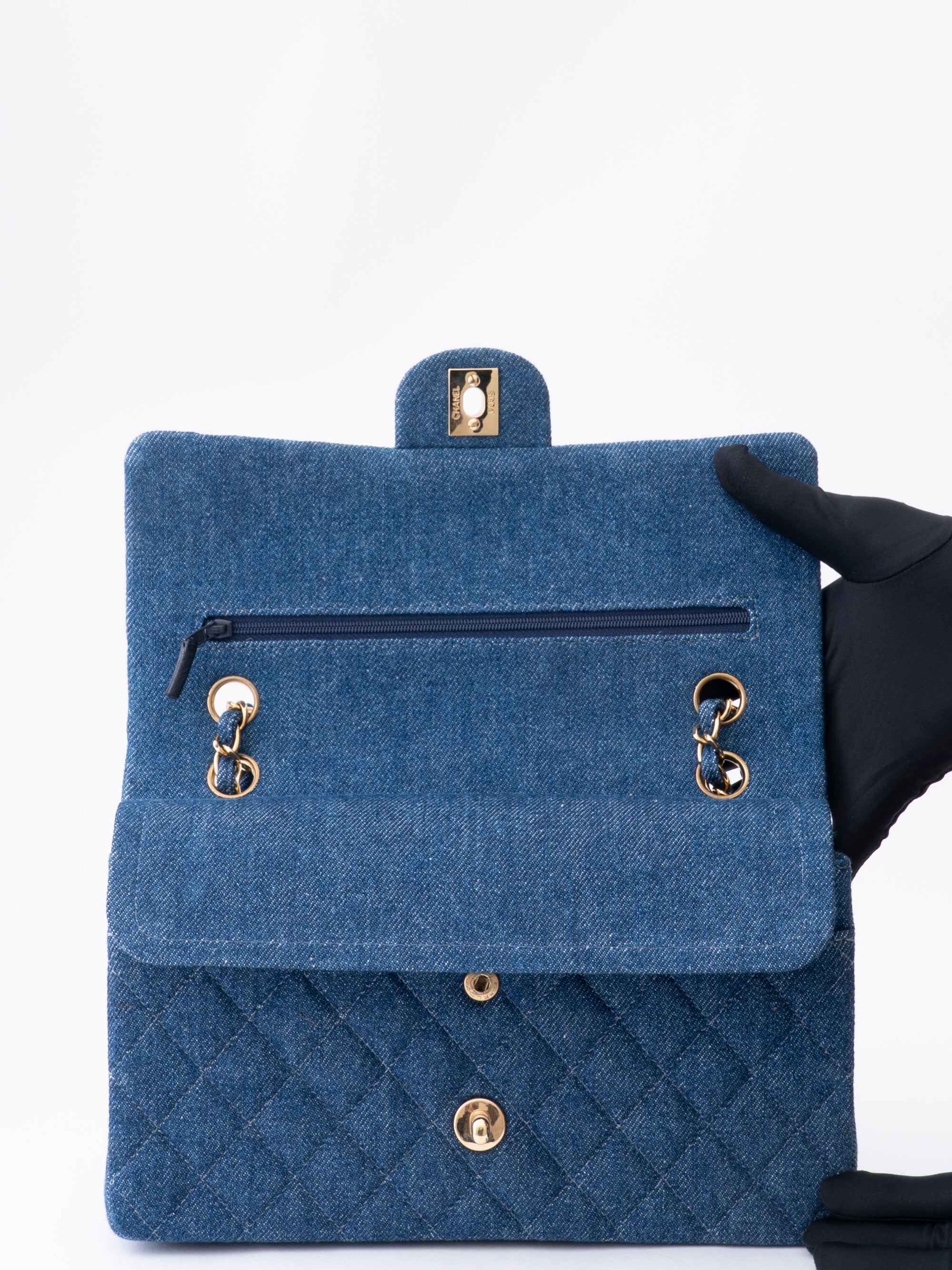 Chanel W Flap Matelassé 25 Shoulder Bag Denim Blue Gold Hardware