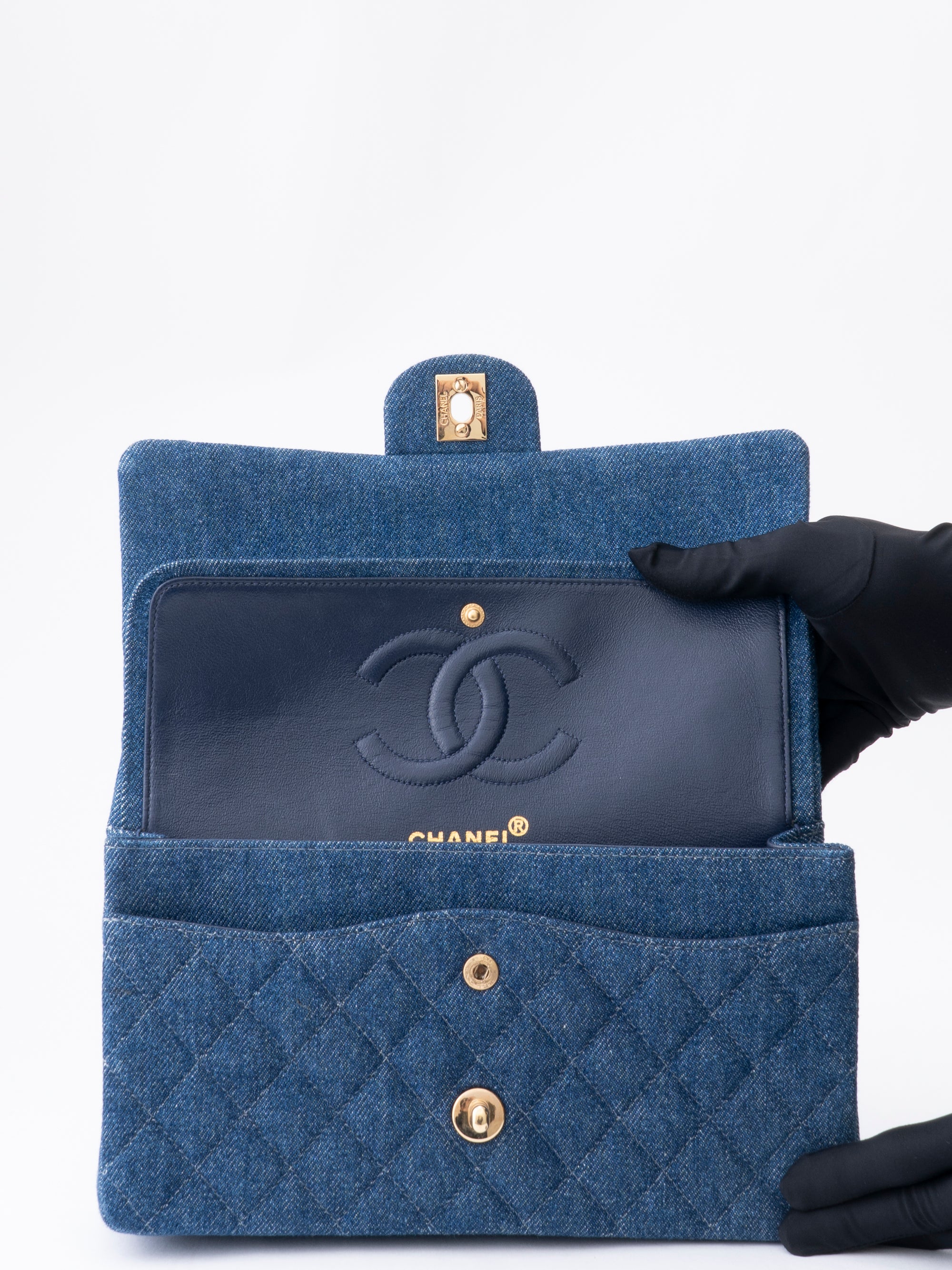 Chanel W Flap Matelassé 25 Shoulder Bag Denim Blue Gold Hardware
