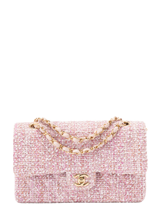 シャネル Wフラップ マトラッセ25 チェーンショルダーバッグ ツイード ピンク ゴールド金具