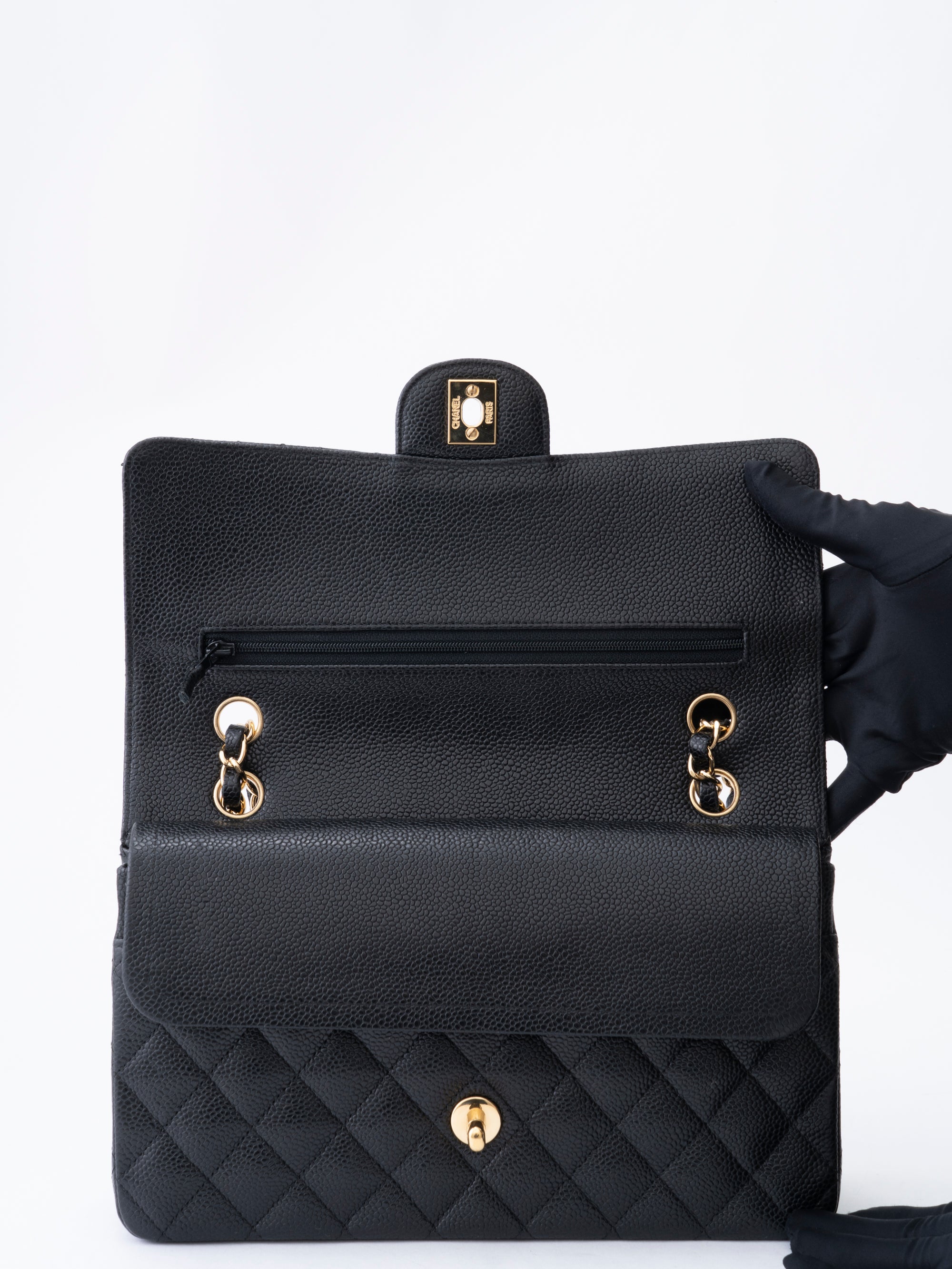 Chanel W Flap Matelassé 25 Shoulder Bag Caviar Skin Black Gold Hardware
