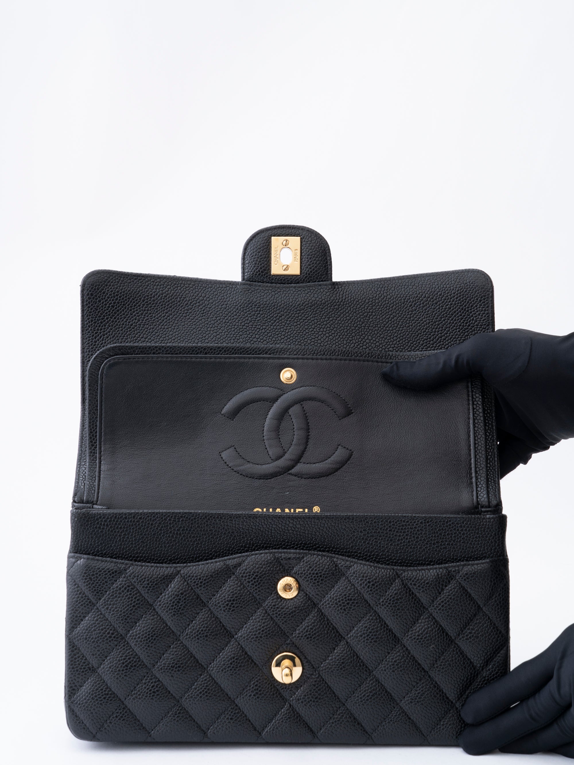 Chanel W Flap Matelassé 25 Shoulder Bag Caviar Skin Black Gold Hardware