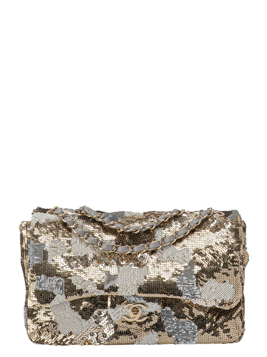 シャネル ココマーク フラップチェーンショルダーバッグ スパンコール ゴールド×ホワイト ゴールド金具