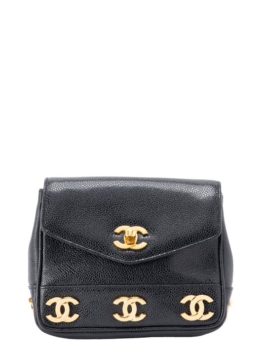 シャネル トリプルココ ウエストバッグ キャビアスキン ブラック ゴールド金具