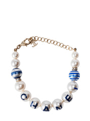 CHANEL Logo Pearl Rhinestone Bracelet Pearl Multicolor Gold Hardware