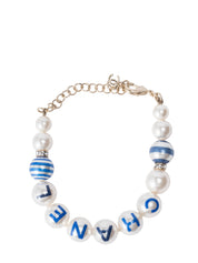 CHANEL Logo Pearl Rhinestone Bracelet Pearl Multicolor Gold Hardware