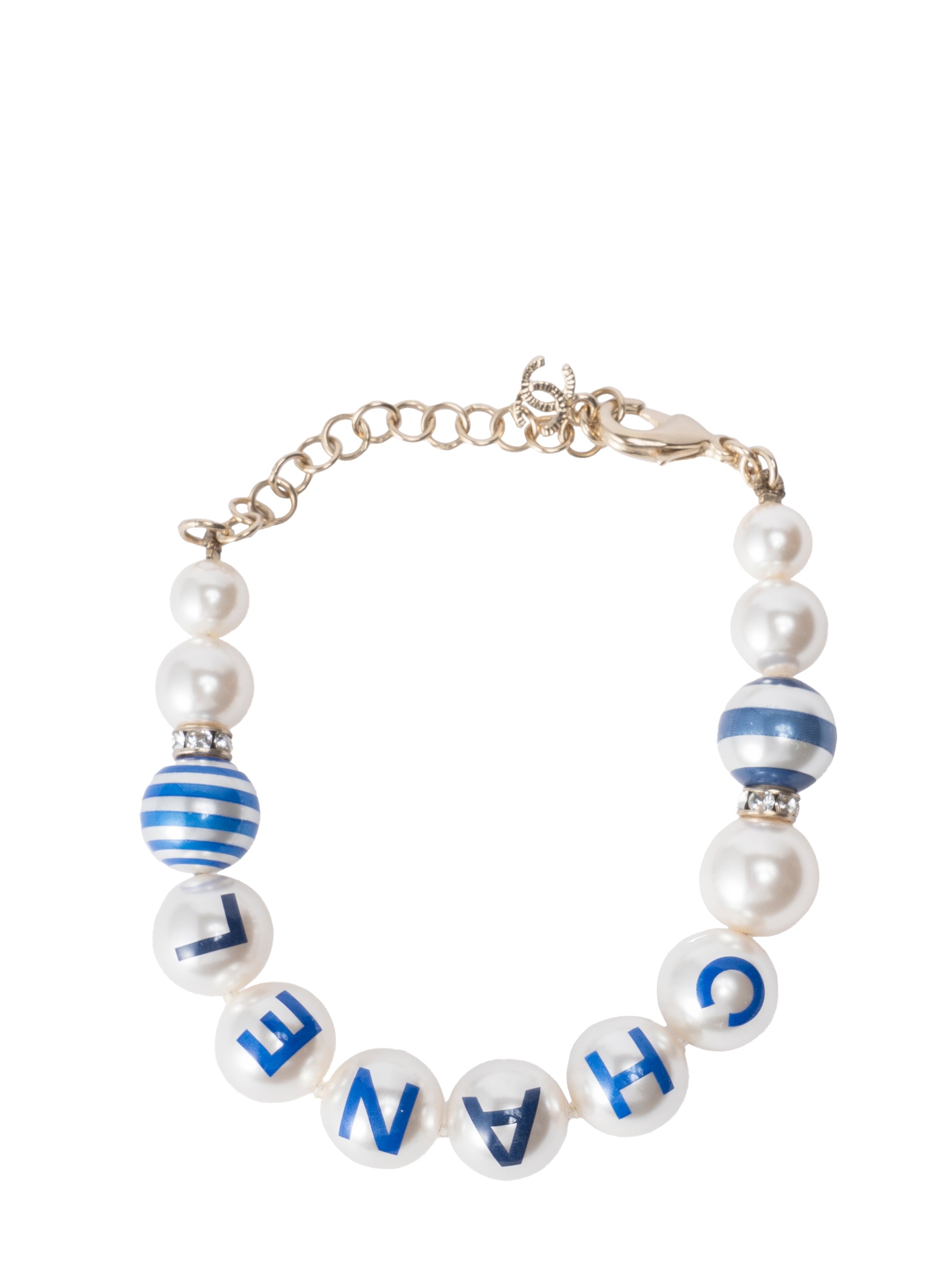 CHANEL Logo Pearl Rhinestone Bracelet Pearl Multicolor Gold Hardware