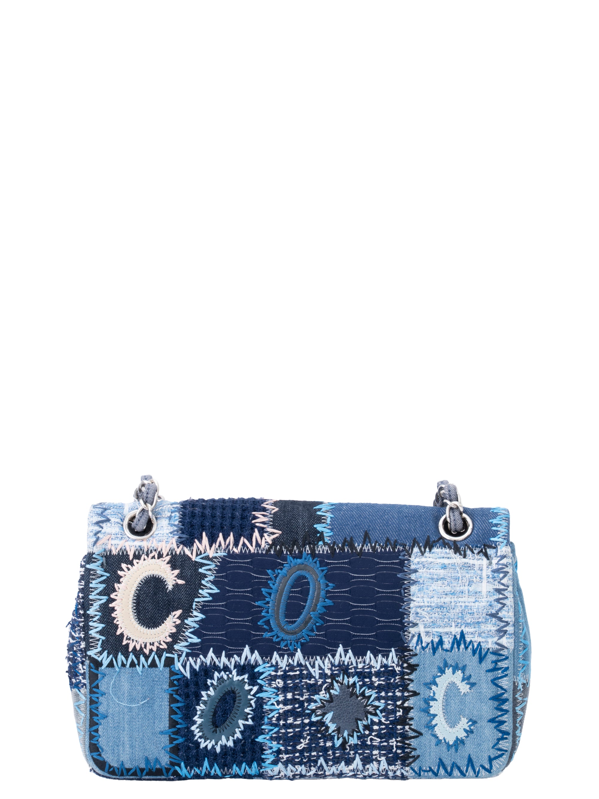 CHANEL Patchwork Chain Shoulder Bag Denim Multicolor Silver Hardware