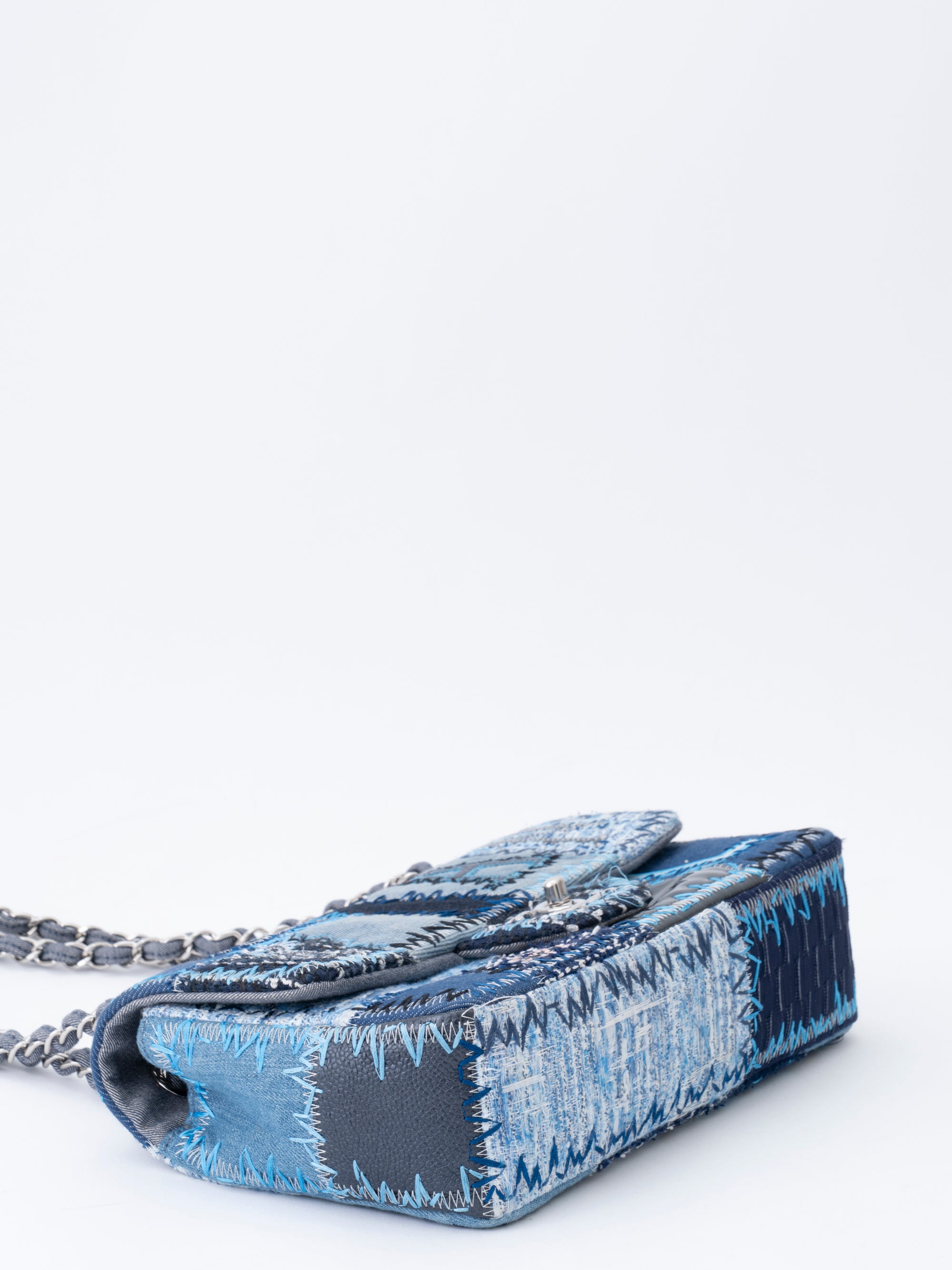 CHANEL Patchwork Chain Shoulder Bag Denim Multicolor Silver Hardware