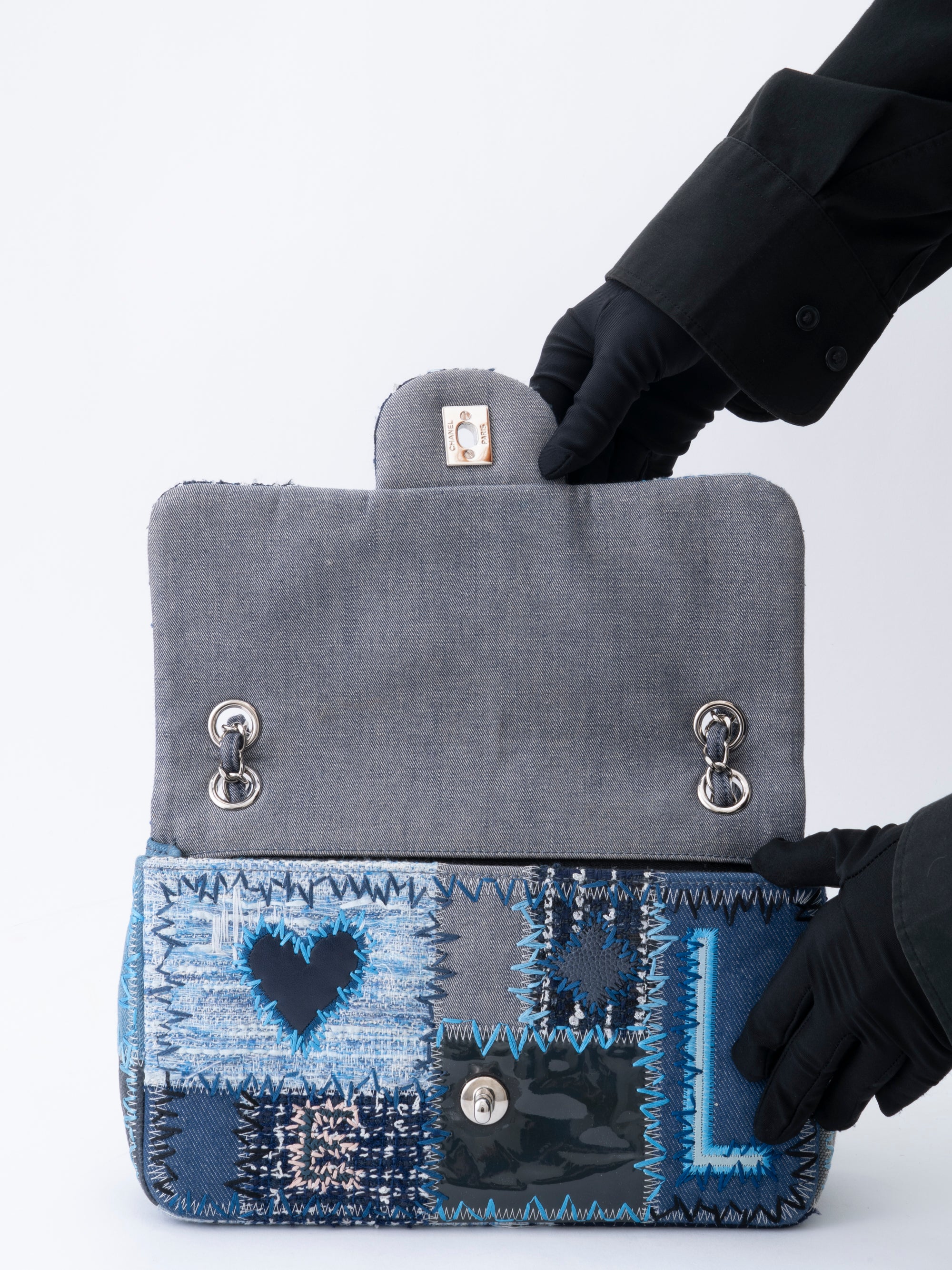 CHANEL Patchwork Chain Shoulder Bag Denim Multicolor Silver Hardware