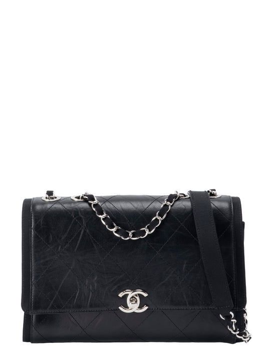 シャネル マトラッセ シングルフラップチェーンショルダーバッグ カーフスキン ブラック シルバー金具