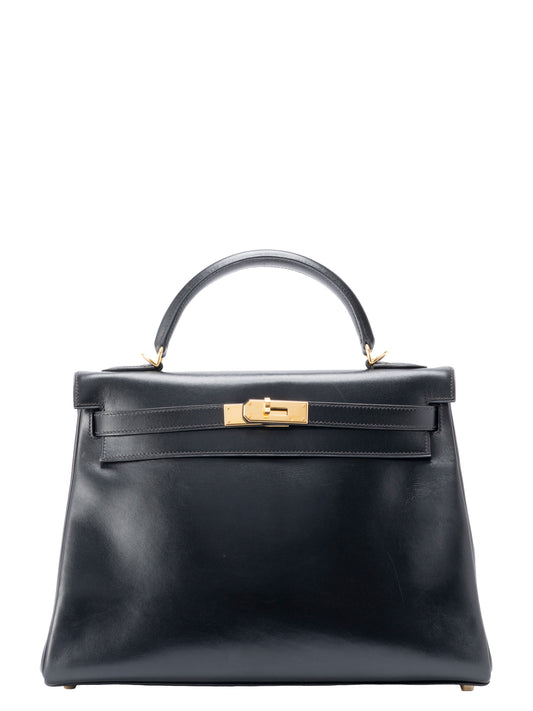 エルメス ケリー32 ハンドバッグ 内縫い □E刻:2001年 ボックスカーフ ブラック ゴールド金具
