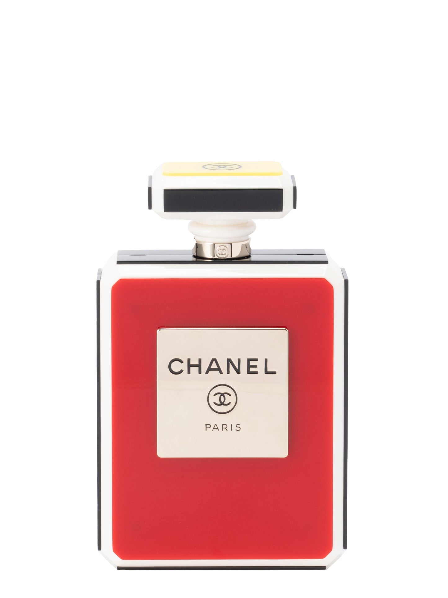 シャネル 香水ボトルチェーンイブニングバッグ チェーンショルダーバッグ シリアルプレート プレキシガラス エナメル マルチカラー ゴールド金具