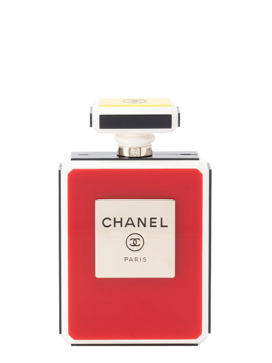 シャネル 香水ボトルチェーンイブニングバッグ チェーンショルダーバッグ シリアルプレート プレキシガラス エナメル マルチカラー ゴールド金具