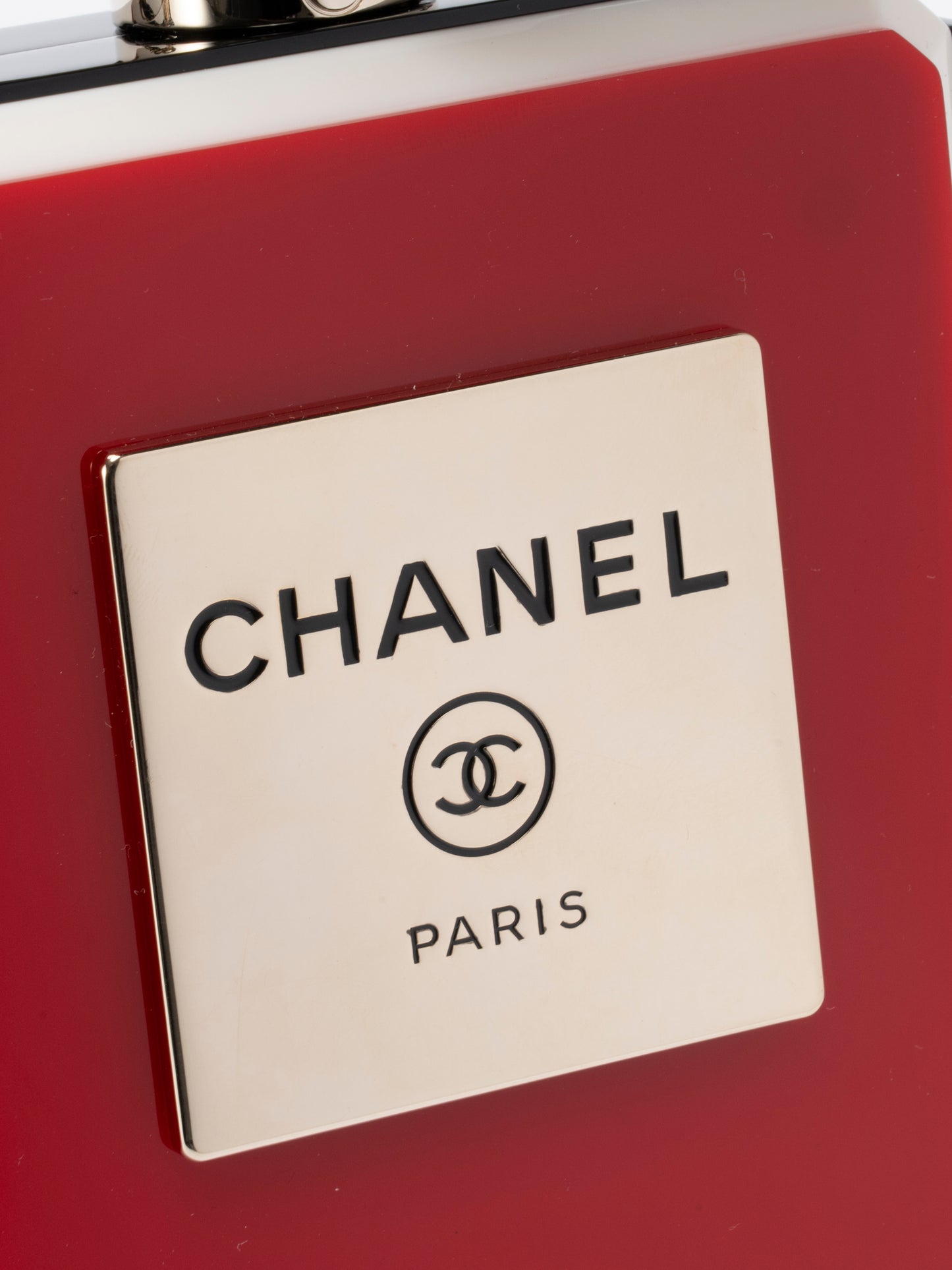 シャネル 香水ボトルチェーンイブニングバッグ チェーンショルダーバッグ シリアルプレート プレキシガラス エナメル マルチカラー ゴールド金具