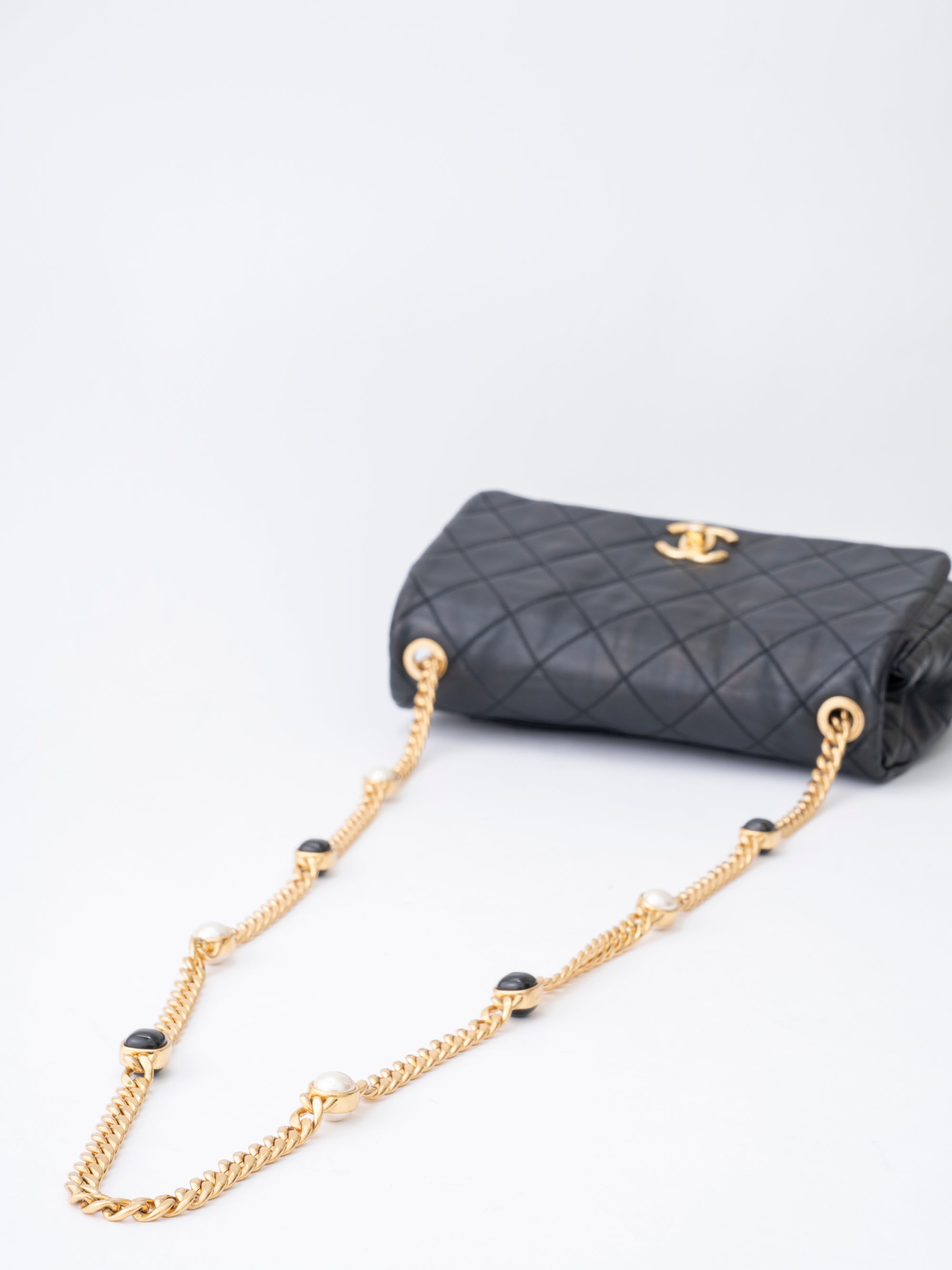 Chanel Matelassé Pearl Chain Shoulder Bag Lambskin Black Gold-Tone Hardware