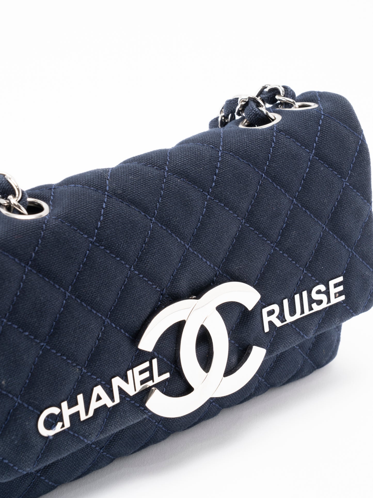シャネル クルーズライン ショルダーバッグ キャンバス ネイビー シルバー金具