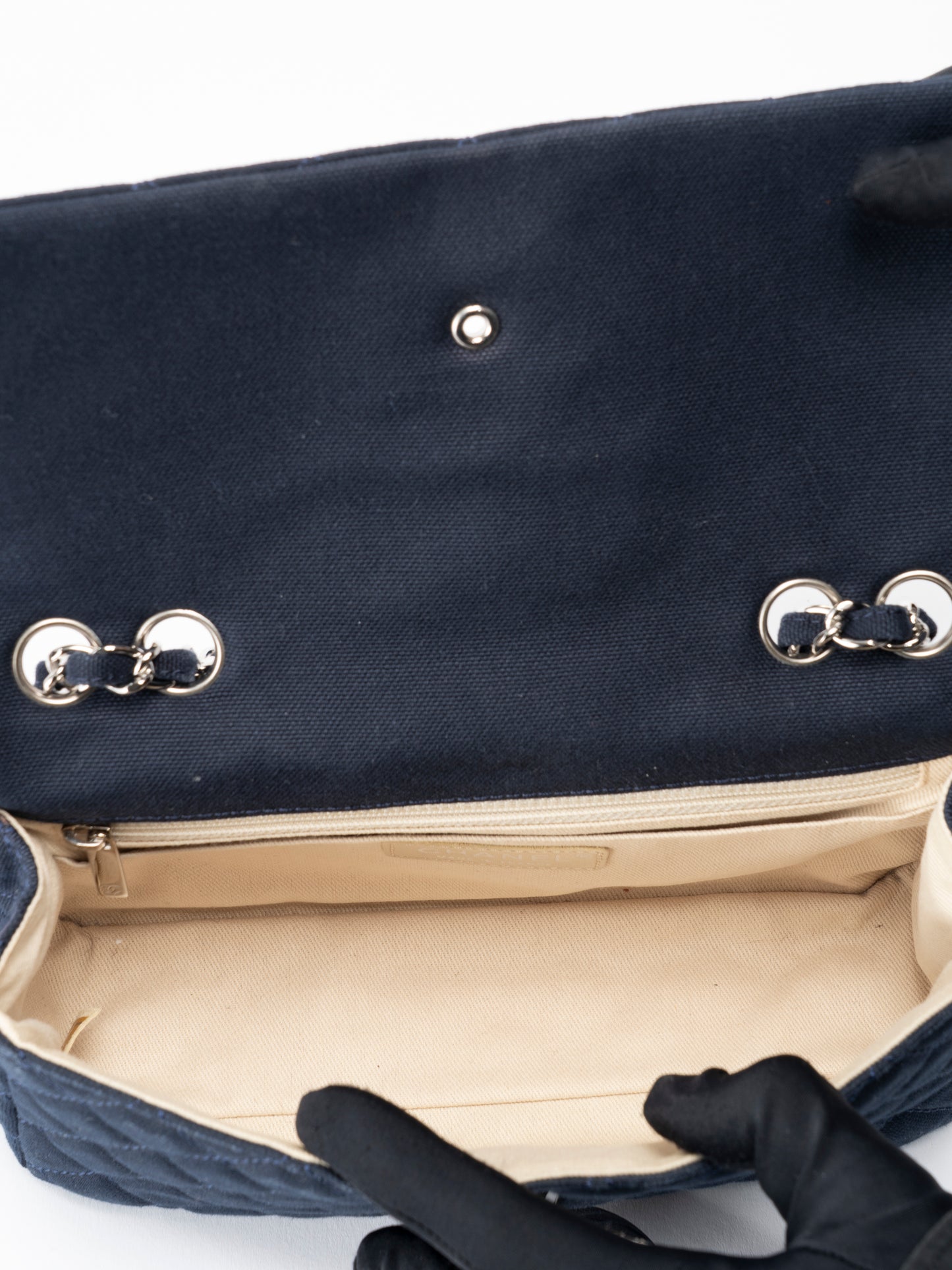 シャネル クルーズライン ショルダーバッグ キャンバス ネイビー シルバー金具