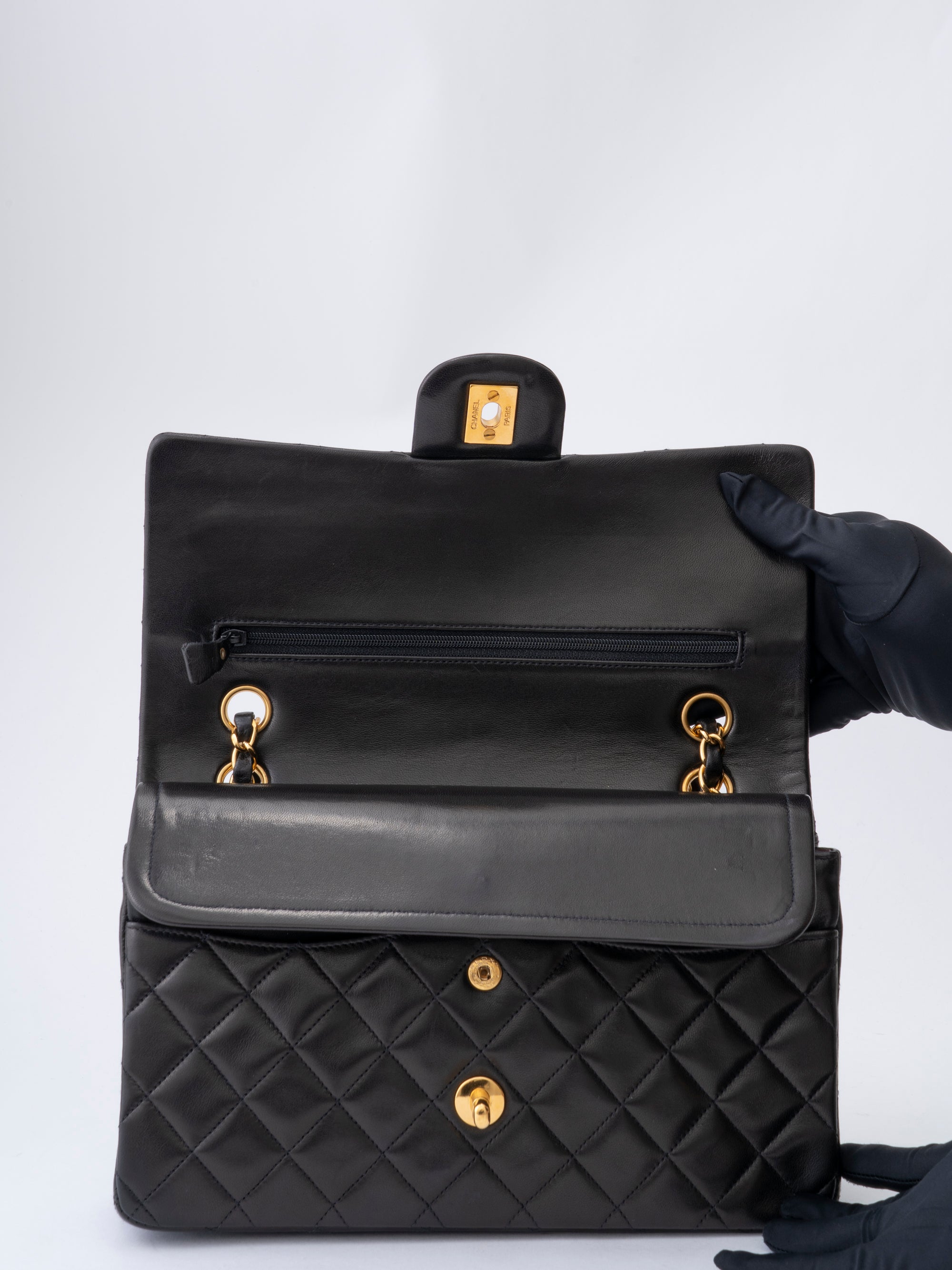 CHANEL Classic Double Flap Matelassé 25 Chain Shoulder Bag, Lambskin, Black, Gold Hardware