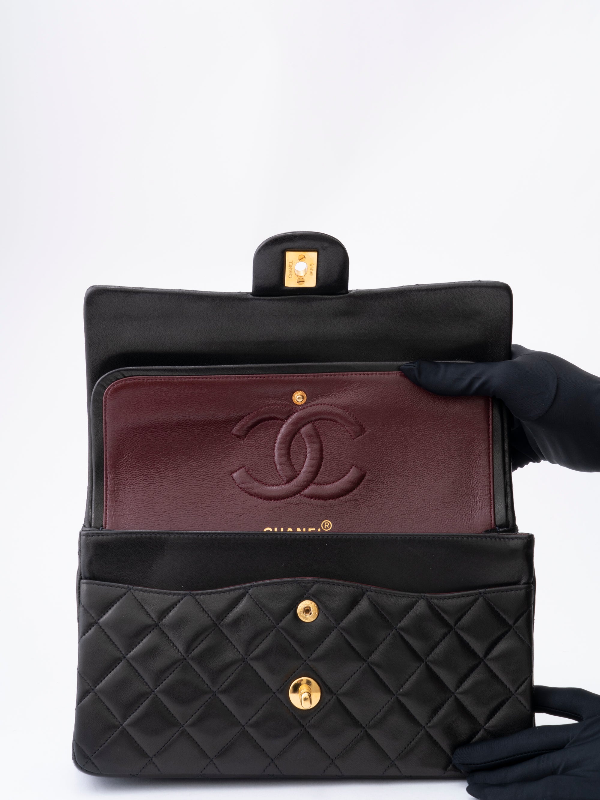 CHANEL Classic Double Flap Matelassé 25 Chain Shoulder Bag, Lambskin, Black, Gold Hardware